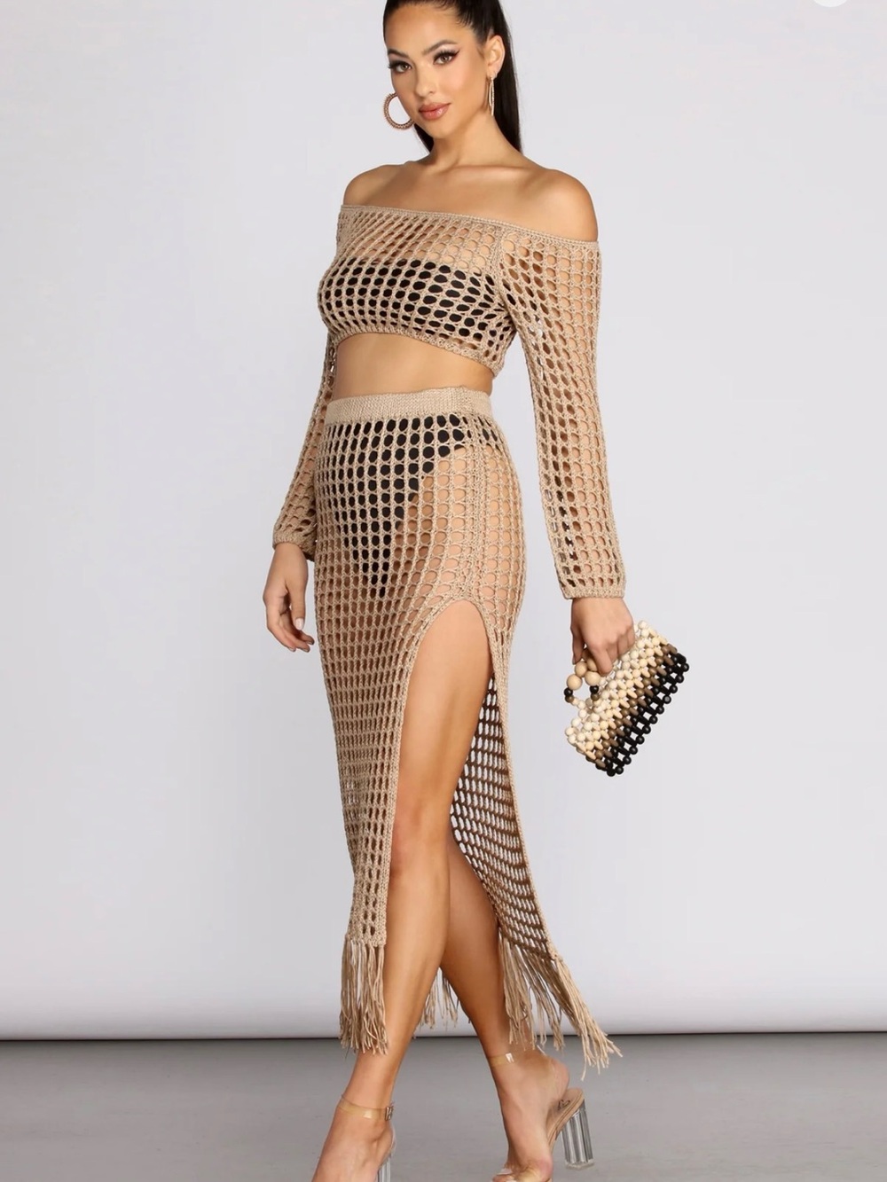 H&M Beige Crochet Maxi Skirt with High Side Slit